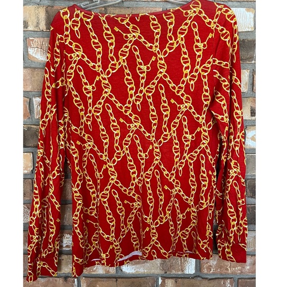 Talbots Women’s Burnt Orange Gold Chain Print Keyhole Knit Long Sleeve Top Large - Picture 3 of 6